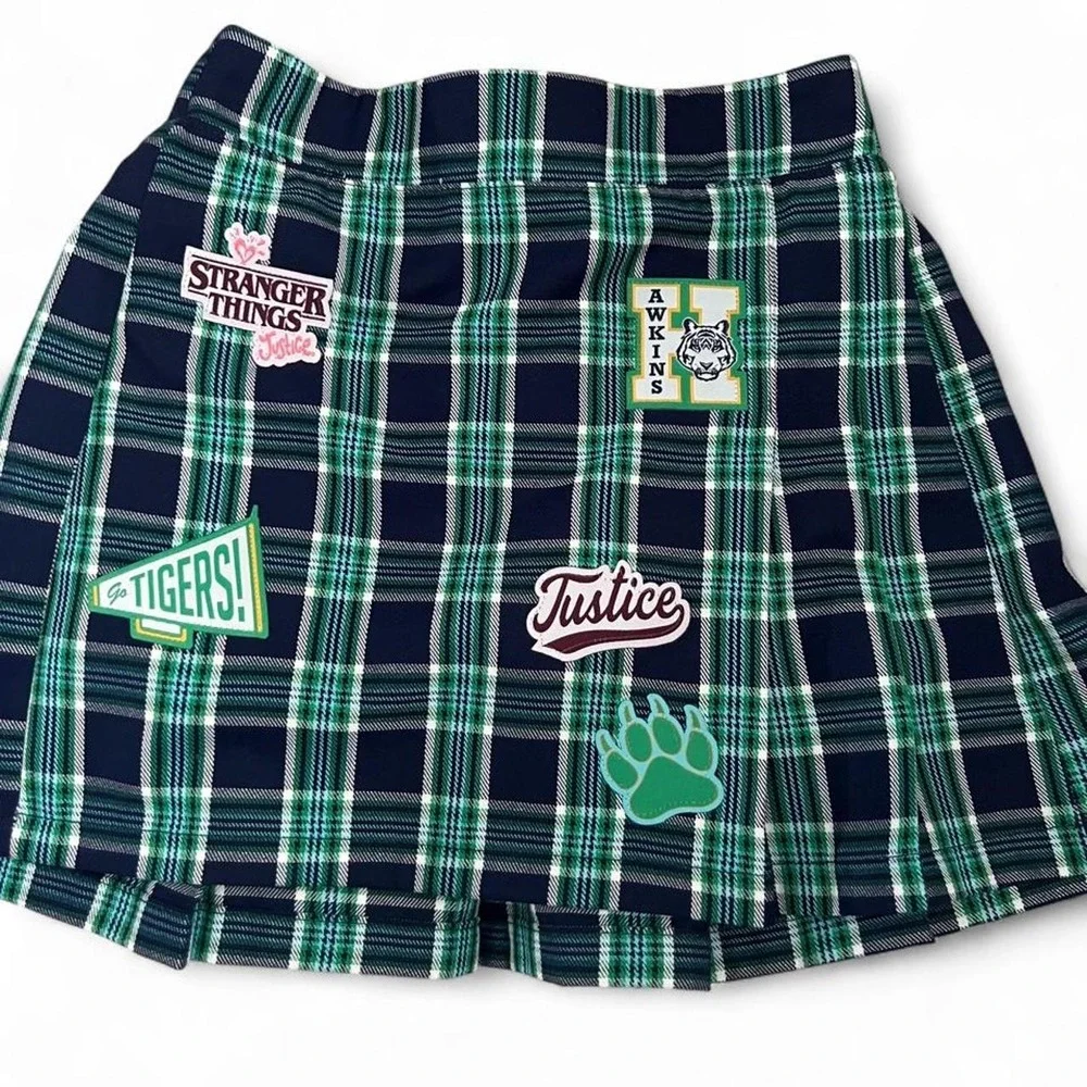 Stranger Things Justice Plaid Skort With Patches Girls 7/8 Green Navy Preppy